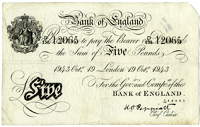 Five Pounds, 19 October 1943, D/138 12065 (Dugg. B241). A few pinholes, otherwise fine (£80-100)