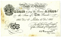 Ten Pounds, 17 December 1935, K/160 53223 (Dugg. B242). Two small holes on left edge and a few spots, otherwise good...