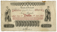 Bank of Ireland, Five Pounds, 18 June 1915, T/15 92174, signature of W.H. Baskin (Pick A26b). Two spindle holes on...