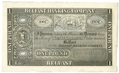 Belfast Banking Company, One Pound, trial, front in grey and black without names of branches, back in standard blue...