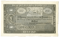 Belfast Banking Company, One Pound, trial, front in grey and black without names of branches, back in standard blue...