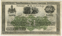 The National Bank Ltd, One Pound, 1 April 1920, K 49692, small format with names of branches across middle,...