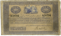 Provincial Bank of Ireland Ltd, Ten Pounds, 10 October 1918, A 58794 (Pick A188b). A few pinholes, otherwise good...