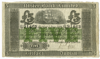 Ulster Bank Ltd, Five Pounds, 1 June 1916, G 91463, uniface, handsigned by C.W. Patton (Pick A132). Two pinholes,...