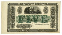 Ulster Bank Ltd, Five Pounds, uniface proof, green five and underlay across centre. Good extremely fine (£250-300)
