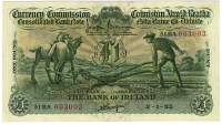 The Bank of Ireland, One Pound, 2 January 1935, 51BA 003003, ploughman, Brennan-Gargan signatures (MacDevitt E-001;...