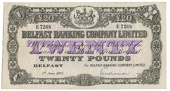 Belfast Banking Company Ltd, Twenty Pounds, 5 June 1965, E 7268, signature of E. Williamson (Pick 129d). A few inked...