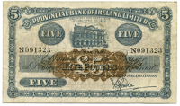 Provincial Bank of Ireland Ltd, Five Pounds, 5 May 1936, N 091323, signed by F.S. Forde (Pick 232b). Very fine...