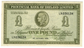 Provincial Bank of Ireland Ltd, One Pound, 1 October 1954, LN 036134, signature of N.J. Shaw (Pick 241). Good very...