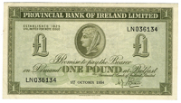 Provincial Bank of Ireland Ltd, One Pound, 1 October 1954, LN 036134, signature of N.J. Shaw (Pick 241). Good very...