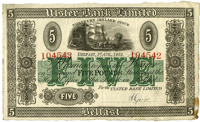 Ulster Bank Ltd, Five Pounds, 1 August 1929, 104542, handsigned by H. Gore (Pick 307). A couple of spots on lower...
