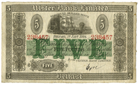 Ulster Bank Ltd, Five Pounds, 1 January 1934, 238457, handsigned by H. Gore (Pick 307). Very fine to good very fine...