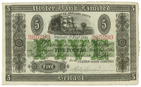 Ulster Bank Ltd, Five Pounds, 1 February 1939, 385293, fully printed back, signed by C.W. Lester (Pick 316a). Good...
