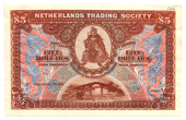 Netherlands Trading Society, Five Dollars, 1 January 1909, front in brown on pink and blue, medieval warrior at...