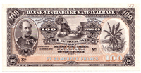 Dansk-Vestindiske Nationalbank, One Hundred Francs, 1905, front in black on pale blue and brown, Christian IX at...