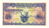 Bank of Abyssinia, Five Thalers, 1915-29, front in blue on multicolour, head of gazelle at centre and arms at right...