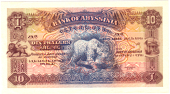 Bank of Abyssinia, Ten Thalers, 1915-29, both sides, front in brown on blue and multicolour, leopard at centre and...