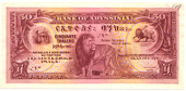 Bank of Abyssinia, Fifty Thalers, 1915-29, front in pale purple on yellow and mauve, lion at centre and arms at...