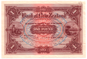Bank of New Zealand, One Pound, 1915-24, front in brown on multicolour, Maoris at left and kiwis in rural scene at...