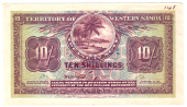 Territory of Western Samoa, Ten Shillings, 1920-2, both sides, front in purple on blue and green, palm trees on...
