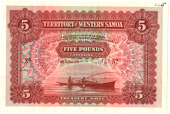 Territory of Western Samoa, Five Pounds, 1920-2, both sides, front in red/brown on blue and green, natives in boat...