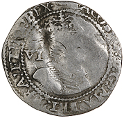 James I (1603-1625), Sixpence, 1616/5, mm. tun, fourth bust, 2.31g/2h (N 2103; S 2658). Slightly creased, fair to...