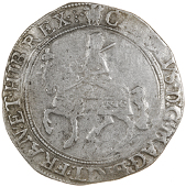 Charles I (1625-1649), Halfcrown, Gp II, mm. plume, cross on housing, rev. oval scroll garnished shield, lis over...