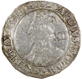 Charles I (1625-1649), Shilling, Gp F, mm. triangle (over anchor to right on rev.), bust with stellate lace collar,...