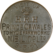 Visit of Edward, Prince of Wales, to the Hyde Park Works, Glasgow, 1921, a uniface copper ticket, crude plumes above...