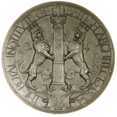 Royal Institute of British Architects, 1907, a silver medal by Sir G. Frampton, two crowned lions vis-à-vis, front...
