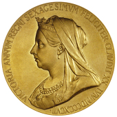 Victoria, Diamond Jubilee, 1897, a gold medal by G.W. de Saulles, young head left, rev. veiled head left, 56mm,...