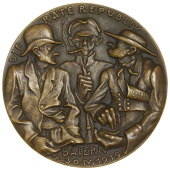 Räte-Republik in Bayern [The Soviet-Bavarian Government], 1919, cast bronze, three councillors in discussion, rev....