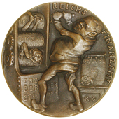 Reichsfinanzamt [New Taxes], 1920, Mathias Erzberger squeezing citizen through a cylindrical press, rev....