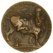 Volksliederbuchzensur [Censoring of Folk Songbooks], 1921, cast bronze, censor seated on stool examining song...