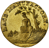 Leighton Buzzard, Chambers, Langston, Hall & Co, Proof Halfpenny, 1794, in gilt-copper, girl making lace, rev. lamb...