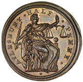 Aylesbury, Francis Wheeler, Halfpenny, 1796, Justice seated right, holding sword and scales, rev. an assimilation of...
