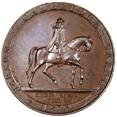 Cambridge, James Burleigh, Penny, 1799, Thomas Hobson on horseback right, rev. water tower on cobbled square, edge...
