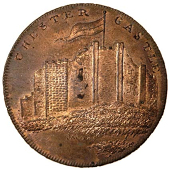 Chester, Skidmore’s Globe series, Penny, 1797, frontal elevation of Chester Castle, rev. globe, edge lettered,...