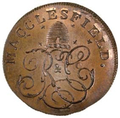 Macclesfield, Roe & Co, Westwood’s Farthing, 1789, r & co monogram, beehive crest above, rev. seated figure of...