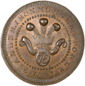 Poole, Richard Allen, Skidmore’s Halfpenny, 1797, Prince of Wales feathers above an oval inscribed 75, rev. ra...