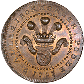 Poole, Richard Allen, Skidmore’s Halfpenny, 1797, from the same obv. die as previous, rev. Marine Society boy,...