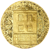 Bridgwater, J. Holloway & Son, gilt Proof Halfpenny, 1794, frontal elevation of a building, rev. arms, edge on...