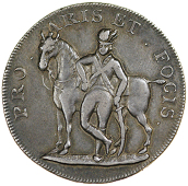 Hoxne and Hartsmere, Thomas Tallant, Proof Halfpenny, 1795, in silver, yeoman leaning against horse, rev. castle in...
