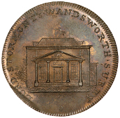 Wandsworth, Skidmore’s Clerkenwell series, Penny, view of Lord Stormont’s house, rev. shield of arms, edge...