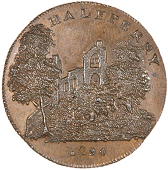 Battle, Prattent’s Halfpenny, 1796, ruins of Battle Abbey, rev. battle promissory halfpenny payable in susex, edge...