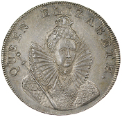 Chichester, Dally & Son, Proof Halfpenny, 1794, in silver, bust of Elizabeth I three-quarters right in high ruff,...