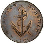 Horsham, M. Pintosh, Skidmore’s Halfpenny, 1791, anchor, rev. church in ruins, edge skidmore holborn london,...