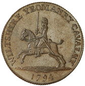County series, Markes Lambe, Lutwyche’s Halfpenny, horseman galloping left, rev. three horseman left, one carrying...