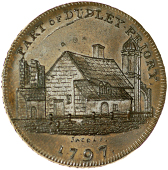 Dudley, Edward Davies, Skidmore’s Penny, 1797, view of a restored portion of Dudley Priory, rev. ed cypher between...