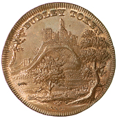 Dudley, Spence’s mule Halfpence (2), distant view of Dudley Castle, revs. shepherd, clear date, 10.46g/6h (DH 7),...